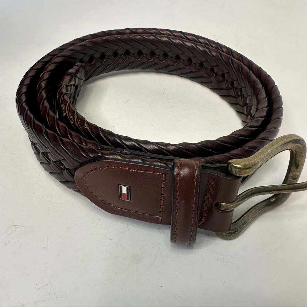 Tommy Hilfiger Logo Men's Leather Trim Braided Laced Belt Brown 34 Brass Buckle